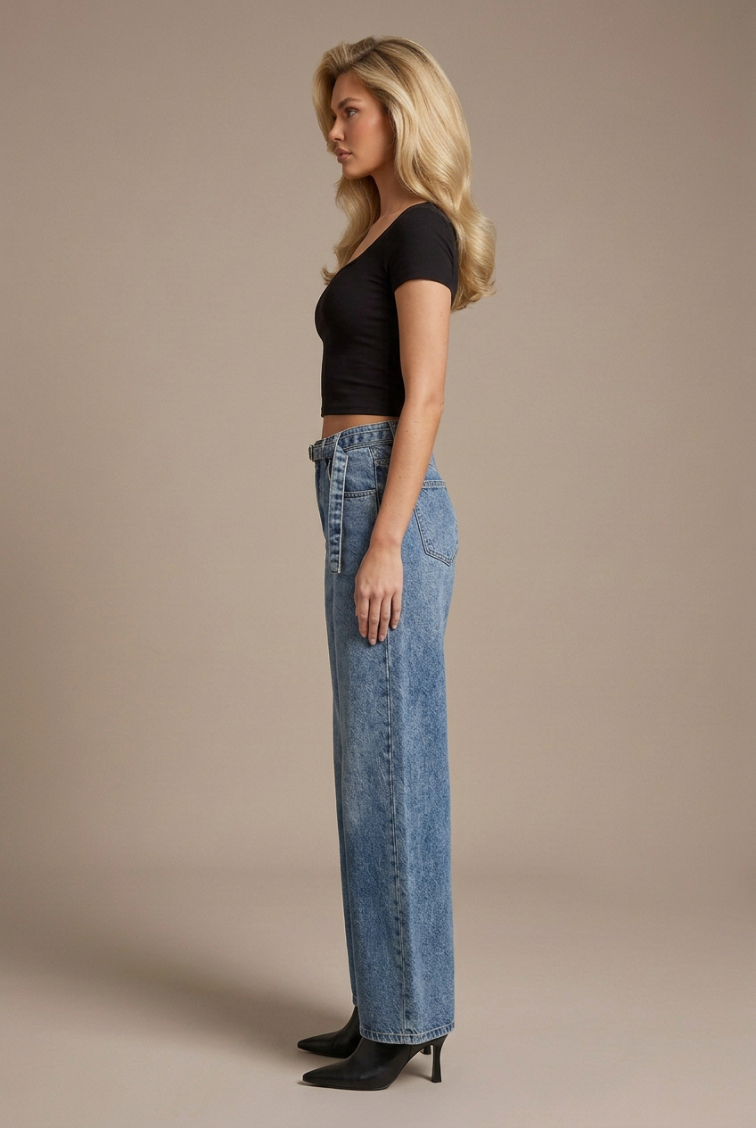 Side profile studio image of blonde model in belted blue wide-leg jeans, black tee, and black leather boots