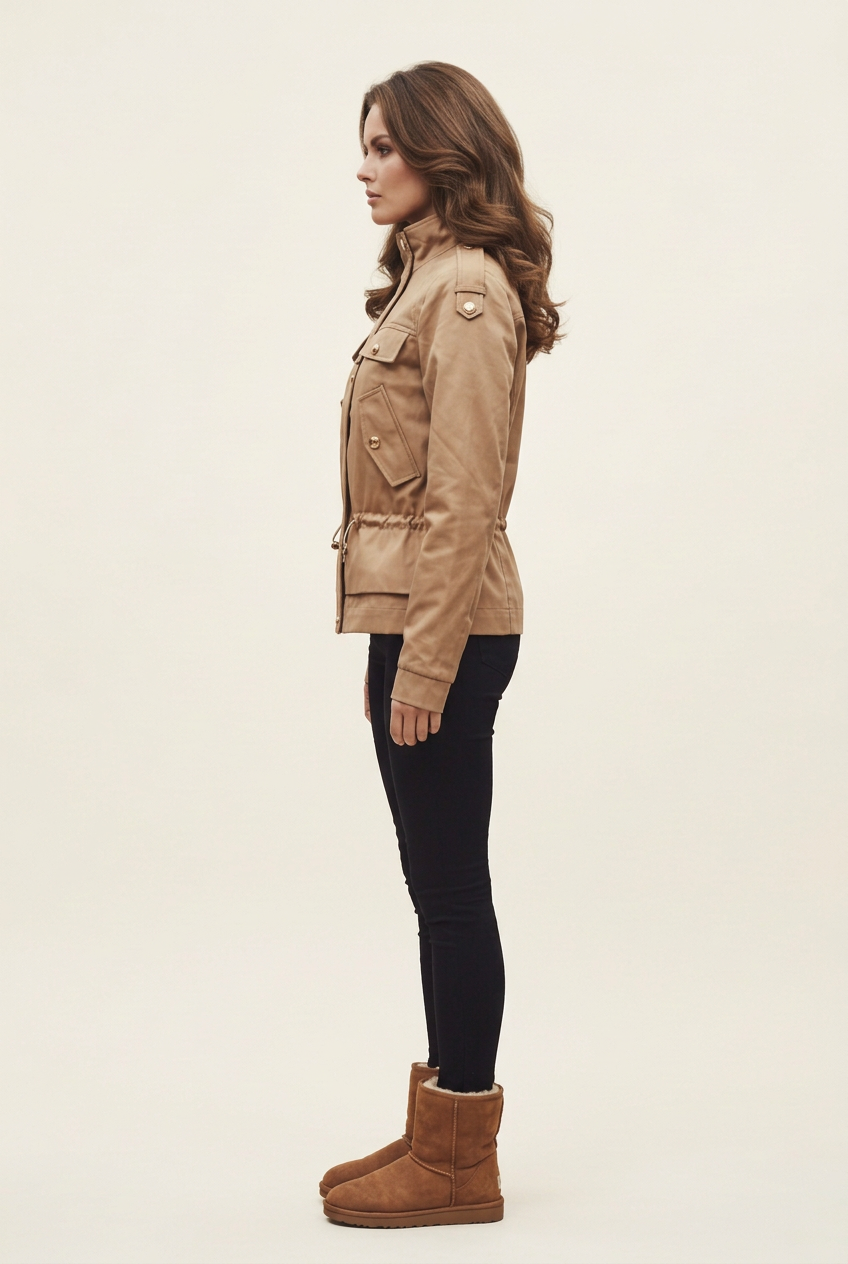 Side-profile studio image of the brunette model wearing the tan utility jacket, black leggings and tan boots