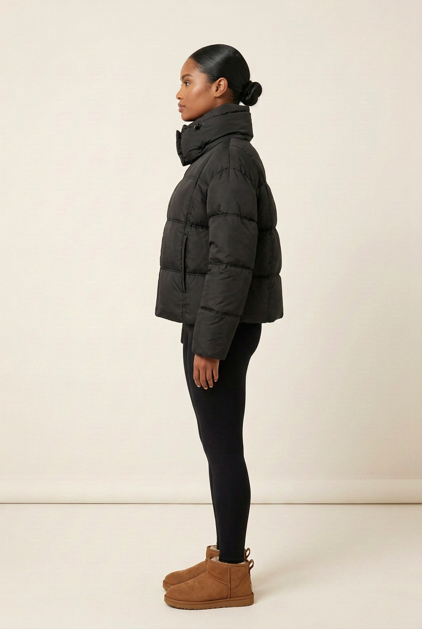 Side-profile studio image of the model wearing the black puffer coat with a sleek bun, black leggings and UGG-style boots