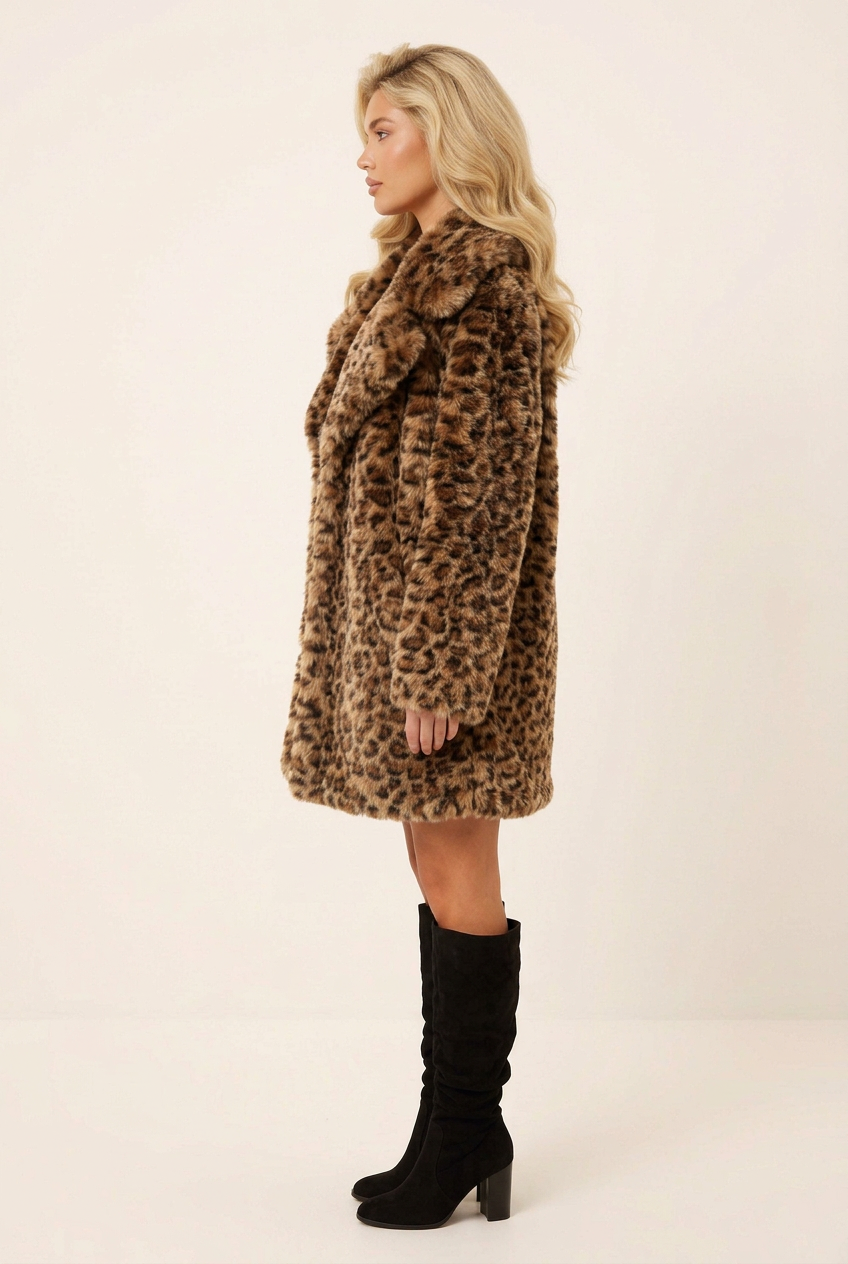 Side-profile view of the blonde model wearing the longer leopard faux-fur jacket