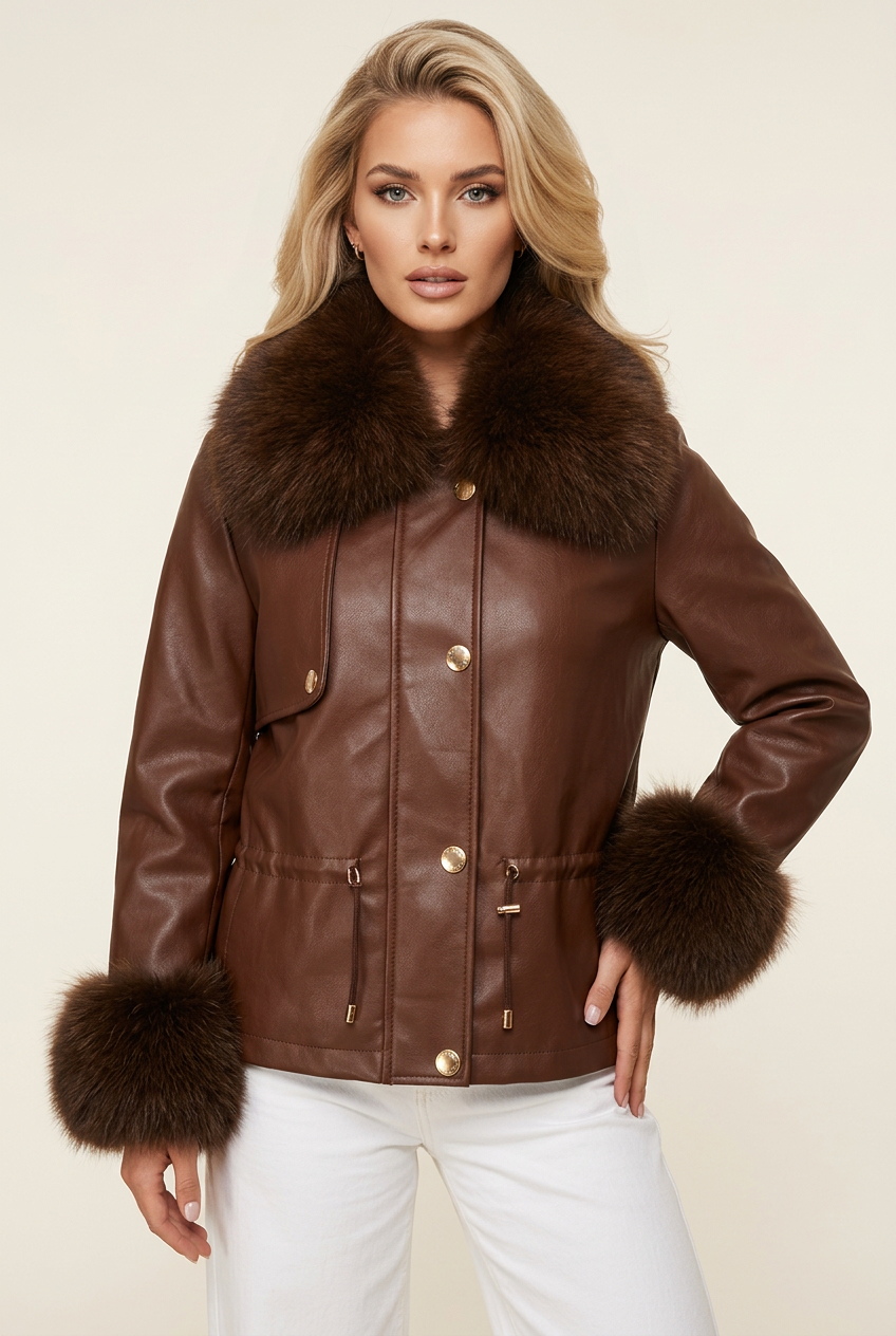Studio close-up of the brown coat with its dark plush collar and cuffs, on a blonde model in a fresh pose