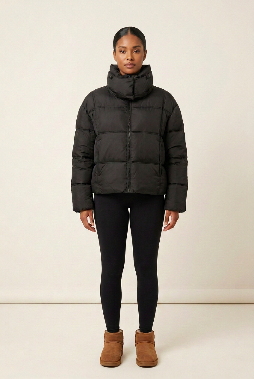 Studio coat image with a sleek slicked-back bun