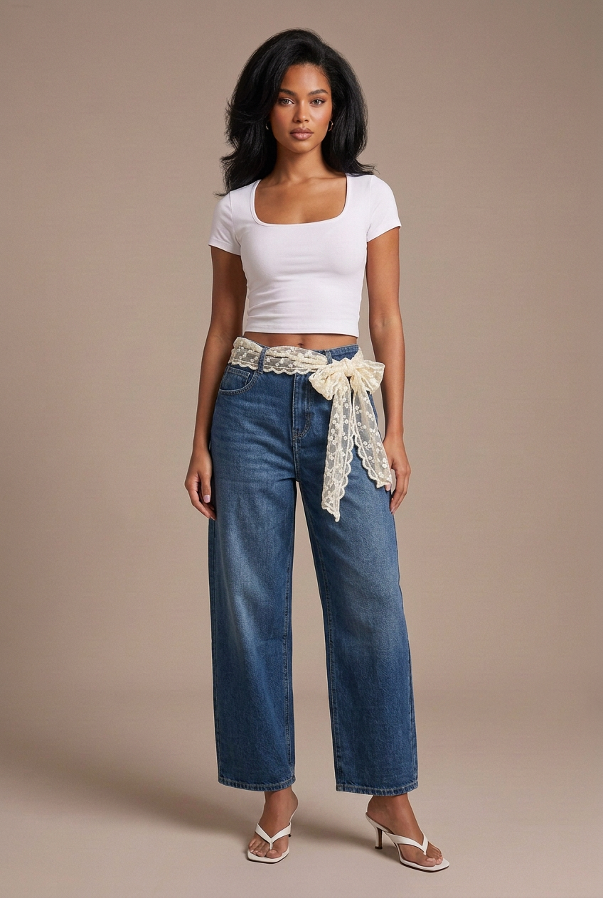 Studio image of mixed-race model in dark indigo wide-leg jeans with cream lace waist wrap, white tee, and white flip-flop kitten heels