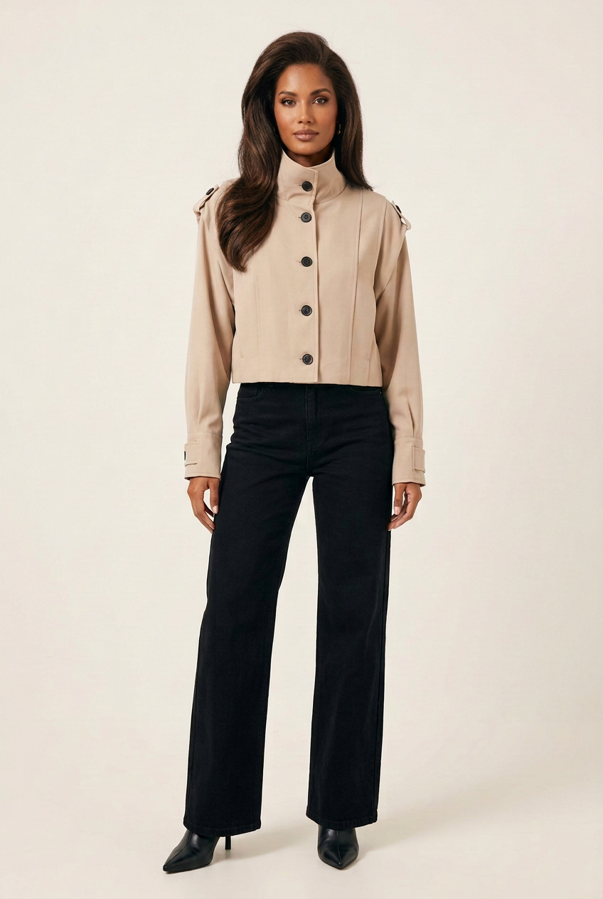 Studio outfit with brunette blow-out hair, beige jacket, black wide-leg jeans and pointed-toe heeled boots