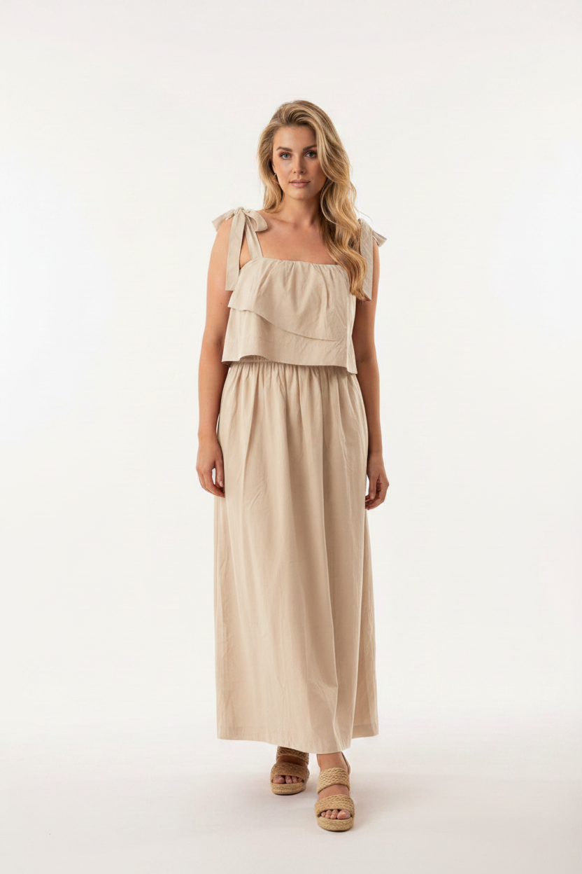 Tie-Bow Maxi Dress in Beige - Front