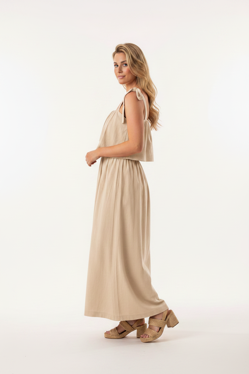 Tie-Bow Maxi Dress in Beige - Side Profile